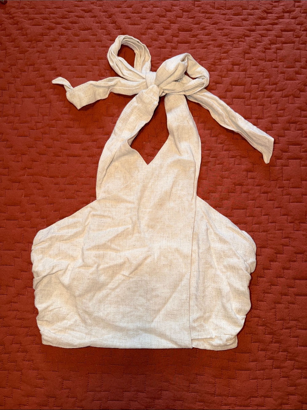 Tie-Halter Linen Cropped Top in Light Beige. Size Small.